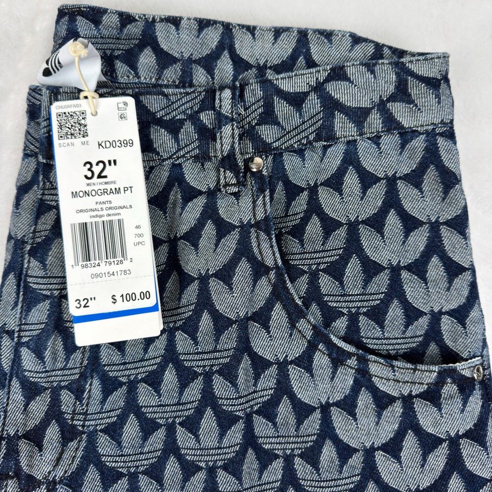 New Adidas Originals Mens Denim Loose Monogram Pants Blue Trefoil 32x32 KD0399